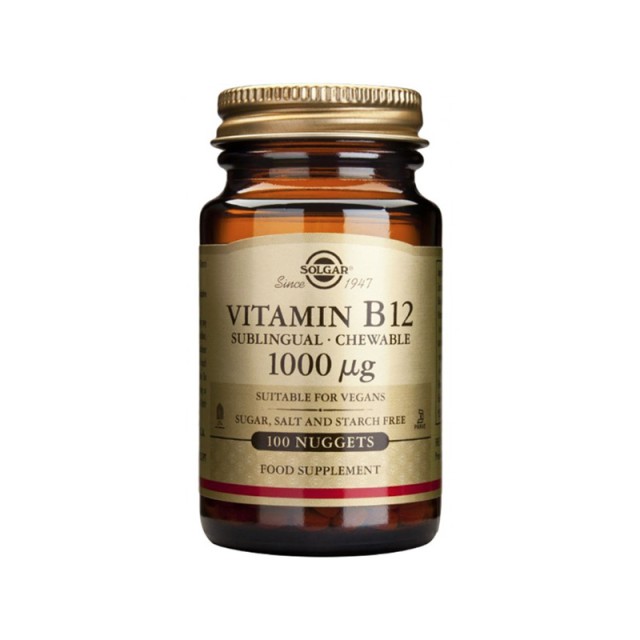 SOLGAR Vitamin B12 1000mcg Συμπλήρωμα Διατροφής για τη Καλή Λειτουργία του Νευρικού Συστήματος 100 Μασώμενα Δισκία