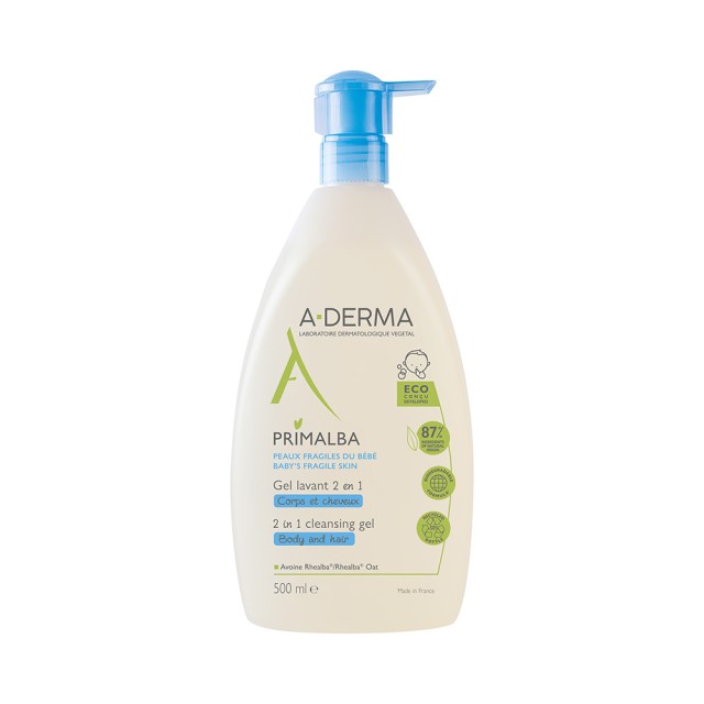 A-DERMA Primalba Τζελ Καθαρισμού 2 σε 1 για το Ευαίσθητο Βρεφικό Δέρμα & το Τριχωτό της Κεφαλής 500ml