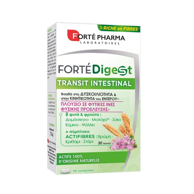 FORTE PHARMA Digest Transit Intestinal Συμπλήρωμα Διατροφής για την Δυσκοιλιότητα και την Κινητικότητα του Εντέρου 30 Ταμπλέτες