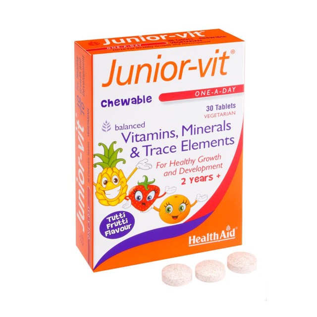 HEALTH AID Junior-Vit -Massed - Tutti Fruti Πολυβιταμινούχο Συμπλήρωμα Διατροφής για Παιδιά με Γεύση Tutti-Frutti 30 Μασώμενες Ταμπλέτες