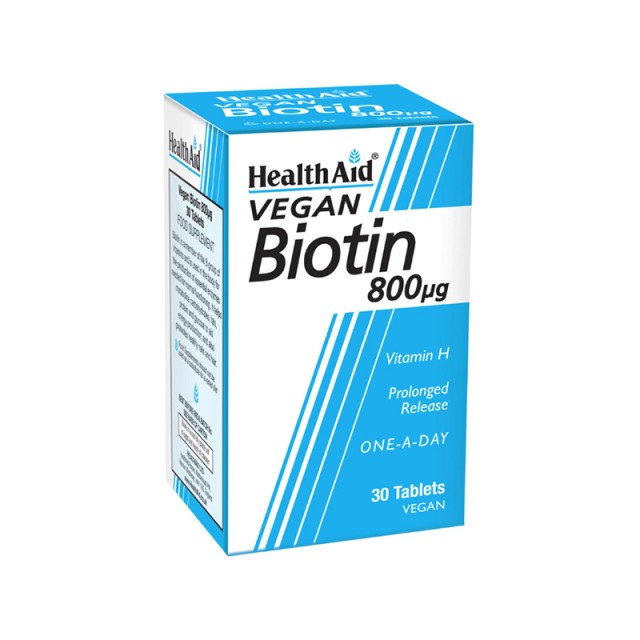 HEALTH AID Biotin 800mg Συμπλήρωμα Διατροφής που Συμβάλλει στη διατήρηση της φυσιολογικής κατάστασης των Μαλλιών και του Δέρματος 30 Κάψουλες