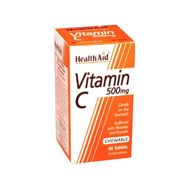 HEALTH AID Vitamin C 500mg Συμπλήρωμα Διατροφής Μασώμενη Βιταμίνη C για Τόνωση, Ενίσχυση Ανοσοποιητικού Συστήματος & Πρόληψη Κρυολογήματος 60 μασώμενες ταμπλέτες