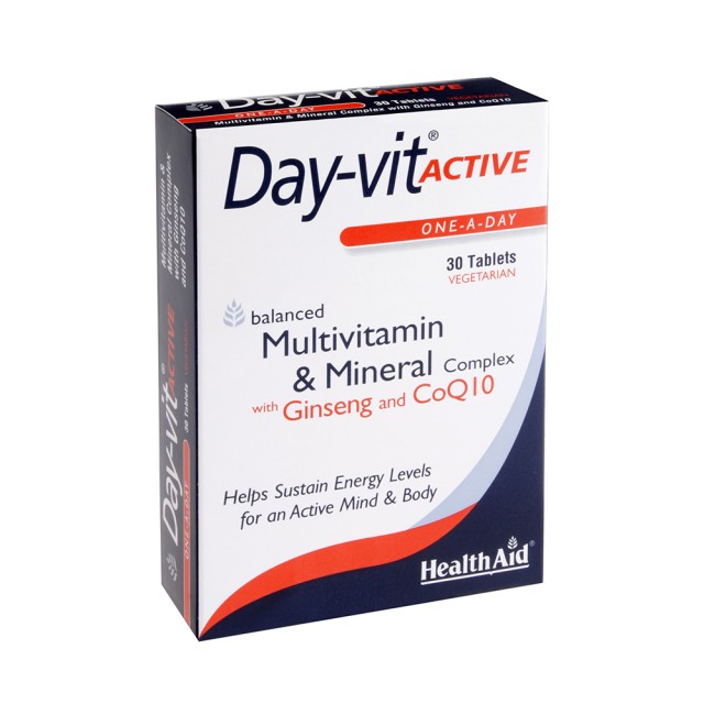HEALTH AID Day-Vit Active Coq10 -Ginseng Συμπλήρωμα Διατροφής με Βιταμίνες, Μέταλλα, Q10 & Panax Ginseng για Ενέργεια & Τόνωση 30 Ταμπλέτες