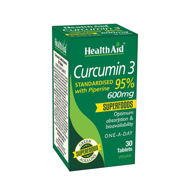 HEALTH AID Curcumin 3 - Turmeric & Piperine Συμπλήρωμα Διατροφής με Κουρκουμίνη & Πιπερίνη με Ισχυρή Αντιοξειδωτική Δράση 30 Ταμπλέτες