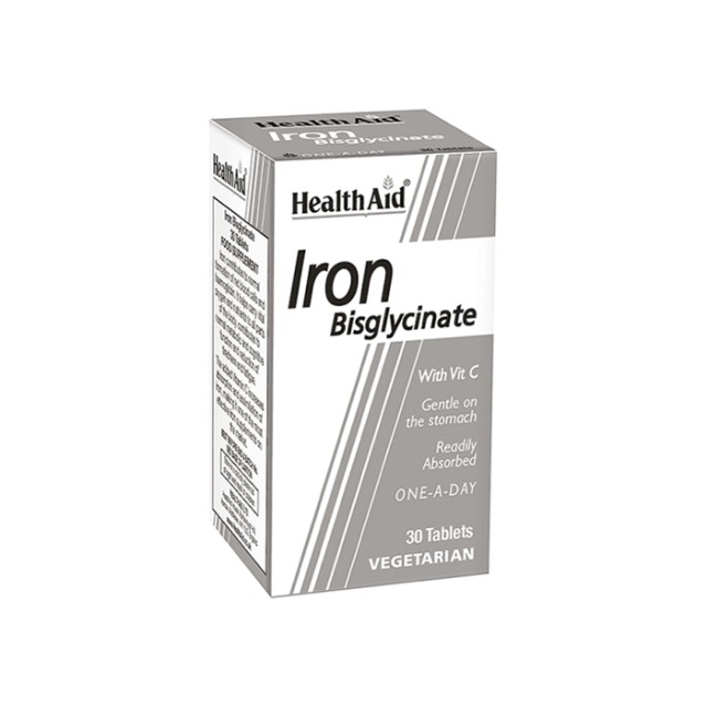 HEALTH AID Iron Βisglycinate 30Mg Συμπλήρωμα Διατροφής με Δισγλυκινικό Σίδηρο & Βιταμίνη C για την Παραγωγή Ερυθρών Αιμοσφαιρίων & Αιμοσφαιρίνης, Συμβάλλει στη Μείωση της Κούρασης & Κόπωσης 30 Ταμπλέτες