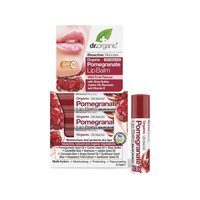 DR. ORGANIC Pomegranate Lip Care Stick SPF15 Ενυδατικό balm που θρέφει και προστατεύει σε βάθος τα χείλη 5.7gr