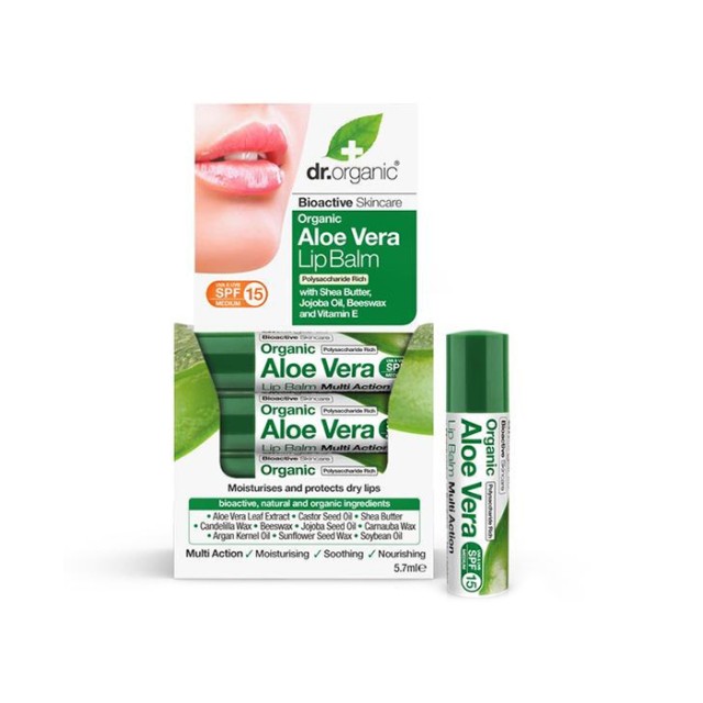DR. ORGANIC Aloe Vera Lip Care Stick SPF15 Ενυδατικό balm που θρέφει και προστατεύει σε βάθος τα χείλη 5.7gr