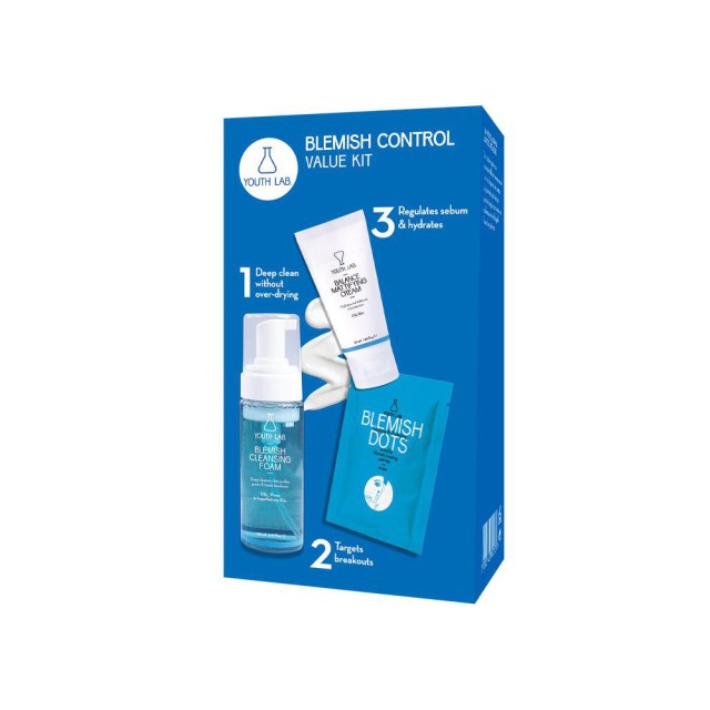 YOUTH LAB Blemish Control Value Kit Ολοκληρωμένο Σετ με Αφρό καθαρισμού 150ml, Επιθέματα για Σπυράκια 32pcs και Ενυδατική Κρέμα για Λιπαρή Επιδερμίδα 50ml