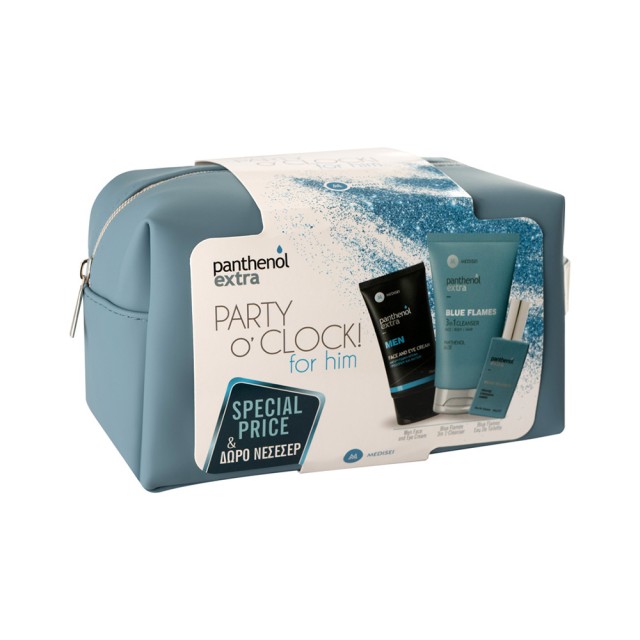 PANTHENOL EXTRA Party O’Clock For Him - Men Blue Flames Eau de Toilette Ανδρικό Άρωμα 50ml - 3 in 1 Cleanser Ανδρικό Αφρόλουτρο - Σαμπουάν 200ml - Face & Eye Cream Αντιρυτιδική Κρέμα Προσώπου - Ματιών 75ml