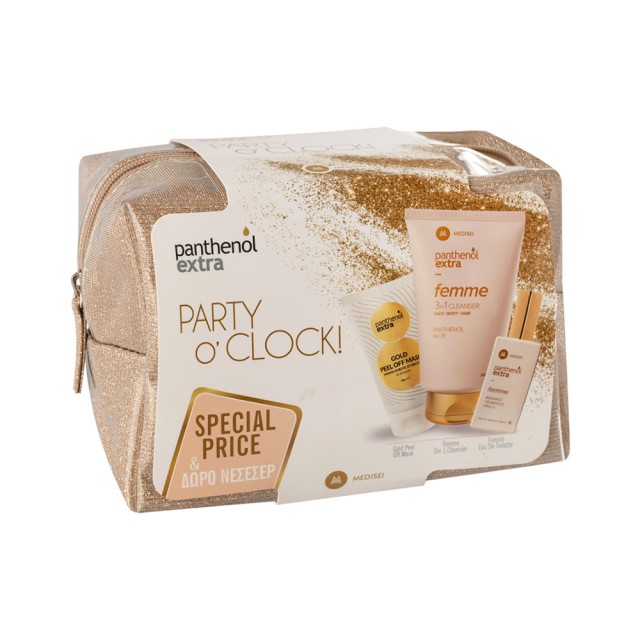 PANTHENOL EXTRA Party O’Clock - Gold Femme Eau de Toilette Γυναικείο Άρωμα 50ml - Femme 3 in 1 Cleanser Γυναικείο Αφρόλουτρο - Σαμπουάν για Πρόσωπο - Σώμα - Μαλλιά 200ml - Gold Peel Off Mask Μάσκα Προσώπου 75ml