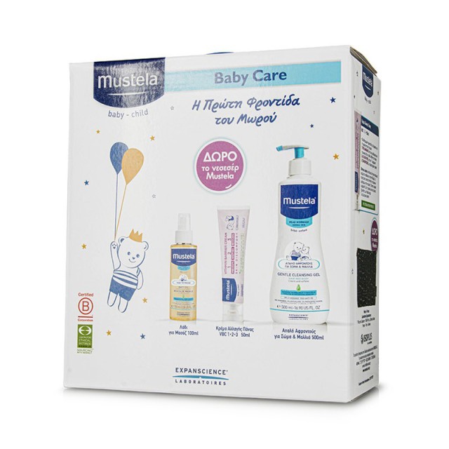 MUSTELA Promo Pack Απαλό Αφροντούς 500ml & Κρέμα Αλλαγής Πάνας 50ml & Λάδι Για Μασάζ 100ml & Νεσεσέρ