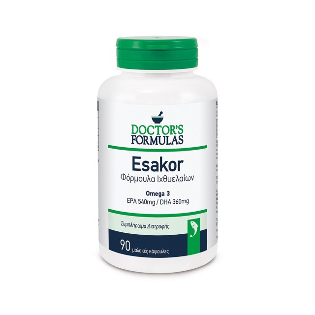 DOCTOR’S FORMULAS Esakor Φόρμουλα Ιχθυελαίων Που Περιορίζει Τον Σχηματισμό Θρόμβων, Μειώνει Τη Χοληστερόλη Και Καταπολεμά Φλεγμονές Και Πόνους 90 μαλακές κάψουλες
