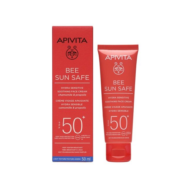 APIVITA Bee Sun Safe Hydra Sensitive Face Cream SPF50+ Καταπραϋντική Αντηλιακή Κρέμα Προσώπου Ελαφριάς Υφής για Ευαίσθητες Επιδερμίδες με Χαμομήλι και Πρόπολη 50ml
