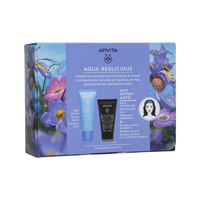 APIVITA Promo Aqua Beelicious Oil Free Κρέμα Gel Ενυδάτωσης Ελαφριάς Υφ?ς 40ml - ΔΩΡΟ Mini Black Detox Cleansing Jelly Face Eyes Μαύρο Gel Καθαρισμού Πρόσωπο - Μάτια 50ml - Κορδέλα για τα Μαλλιά