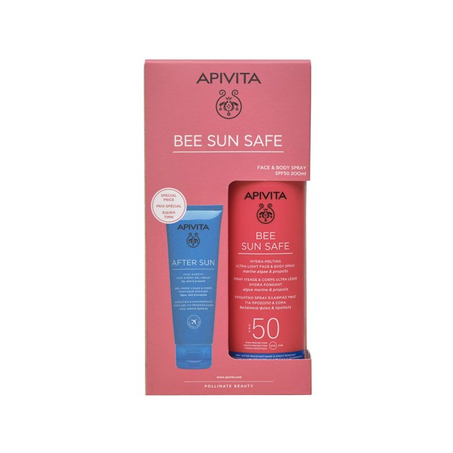 APIVITA Promo Bee Sun Safe Face & Body Spray SPF50 Ενυδατικό Σπρέι Ελαφριάς Υφής για Πρόσωπο και Σώμα 200ml - After Sun Cool Sooth Face Body Cream Ενυδατική Κρέμα Gel για Μετά τον Ήλιο για Πρόσωπο - Σώμα 100ml