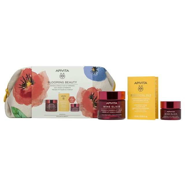 APIVITA Promo Blooming Beauty Wine Elixir Αντιρυτιδική Κρέμα Πλούσιας Υφής 50ml - ΔΩΡΟ Κρέμα Νυκτός για Ανανέωση και Lifting 15ml - Beessential Oil Έλαιο Προσώπου Ημέρας Ενυδάτωσης 1.6ml