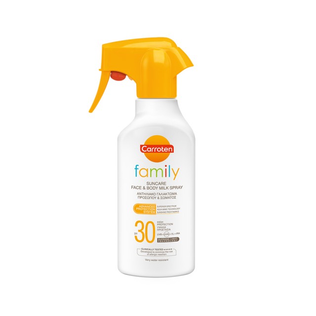 CARROTEN Family Suncare Milk Spray SPF30 Αντηλιακό Γαλάκτωμα Προσώπου & Σώματος σε Μορφή Spray για Εύκολη Εφαρμογή για Όλη την Οικογένεια 300ml