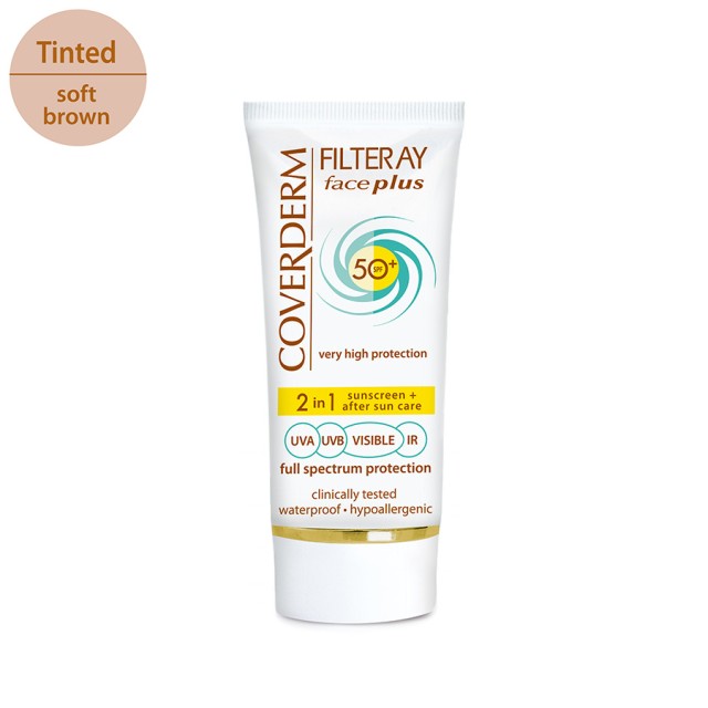 COVERDERM Filteray Face Plus 2 in 1 Sunscreen & After Sun Care Oily/Acneic Skin Tinted Soft Brown SPF50+ Αντηλιακή Κρέμα Προσώπου με Χρώμα για Λιπαρή/Ευαίσθητη Επιδερμίδα 50ml