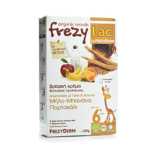 FREZYDERM Frezylac Βιολογική Βρεφική Κρέμα Δημητριακών με Γάλα και Μήλο, Μπανάνα, Πορτοκάλι 200gr