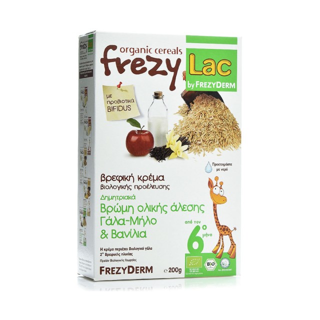 FREZYDERM Frezylac Βιολογική Βρεφική Κρέμα Βρώμης Ολικής Άλεσης με Γάλα, Μήλο και Βανίλια από τον 6ο Μήνα 200gr
