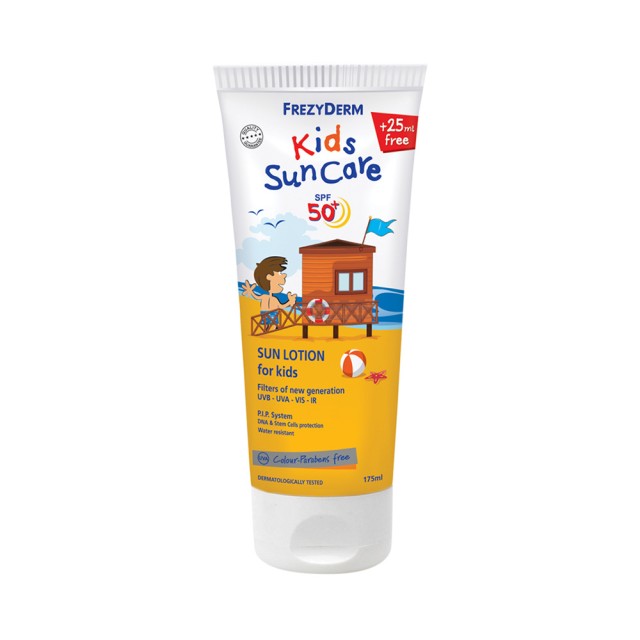 FREZYDERM Kids Suncare Lotion SPF50+ Παιδικό Αντηλιακό Γαλάκτωμα για Πρόσωπο - Σώμα 175ml + ΔΩΡΟ 25ml Επιπλέον Ποσότητα