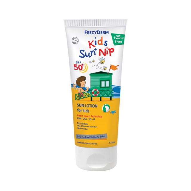 FREZYDERM Frezy KidS Sun Nip Spf50+ Παιδικό Αντιηλιακό Γαλάκτωμα για Πρόσωπο & Σώμα με Εντομοαπωθητικές Ιδιότητες 175ml