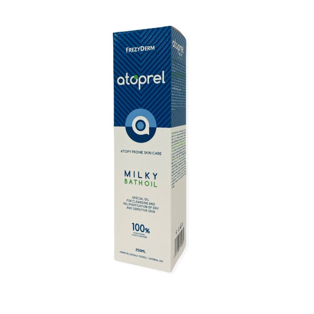 FREZYDERM Atoprel Milky Bath Oil Dry & Sensitive Skin Ειδικό Έλαιο Καθαρισμού Προσώπου - Σώματος για Ξηρές - Ευαίσθητες και με Τάση Ατοπίας Επιδερμίδες 250ml