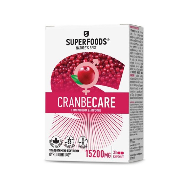 SUPERFOODS CranbeCare Συμπλήρωμα Διατροφής με Κράνμπερι για την Καλή Υγεία του Ουροποιητικού Συστήματος 30 Κάψουλες