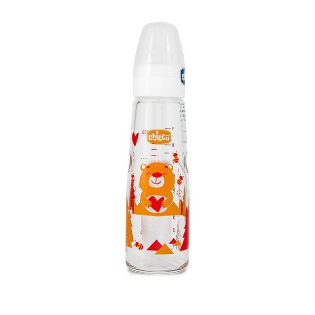 CHICCO Simply Glass Γυάλινο Μπιμπερό Πορτοκαλί Αρκουδάκι 0m+ 240ml