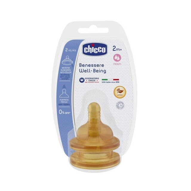 CHICCO Θηλή Καουτσούκ, Μέτρια Ροή 2m+ 2τμχ